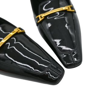 SAINT LAURENT | Black Patent Leather Gold Buckle Loafers