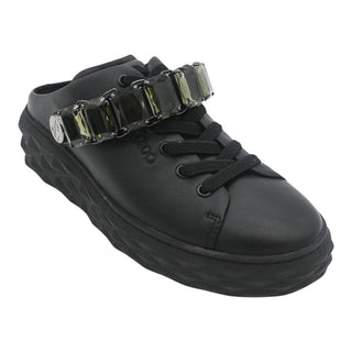 JIMMY CHOO | Black Leather Crystal Embellished Platform Low-Top Sneakers