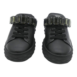 JIMMY CHOO | Black Leather Crystal Embellished Platform Low-Top Sneakers
