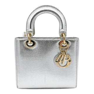 DIOR | Mini Lady Dior Silver Metallic Python Top Handle Crossbody Bag