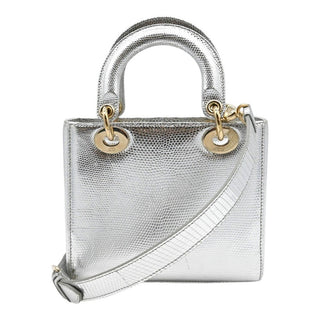 Mini Lady Dior Silver Metallic Python Top Handle Crossbody Bag
