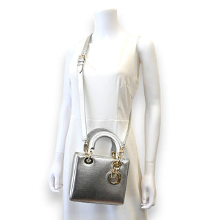 DIOR | Mini Lady Dior Silver Metallic Python Top Handle Crossbody Bag