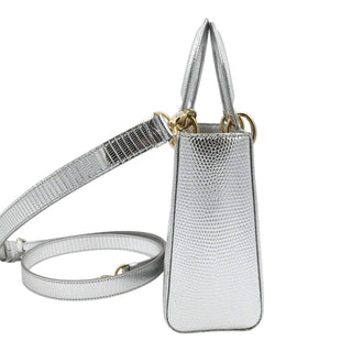 DIOR | Mini Lady Dior Silver Metallic Python Top Handle Crossbody Bag