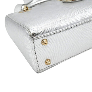 DIOR | Mini Lady Dior Silver Metallic Python Top Handle Crossbody Bag