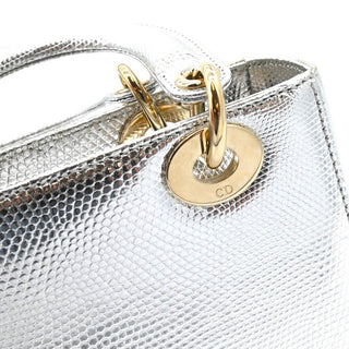 DIOR | Mini Lady Dior Silver Metallic Python Top Handle Crossbody Bag