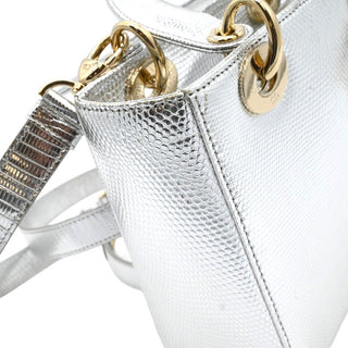 DIOR | Mini Lady Dior Silver Metallic Python Top Handle Crossbody Bag