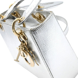 DIOR | Mini Lady Dior Silver Metallic Python Top Handle Crossbody Bag