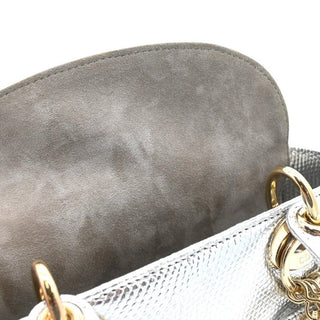 DIOR | Mini Lady Dior Silver Metallic Python Top Handle Crossbody Bag