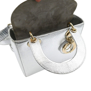 DIOR | Mini Lady Dior Silver Metallic Python Top Handle Crossbody Bag