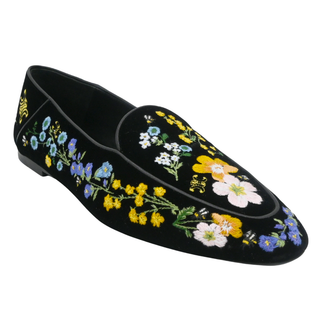 CELINE | Black Velvet Floral Embroidered Loafers