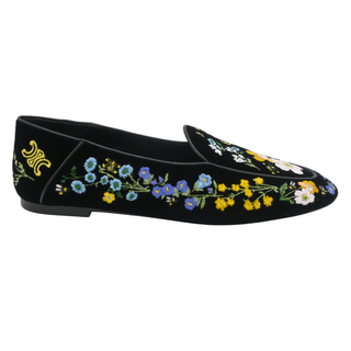 CELINE | Black Velvet Floral Embroidered Loafers