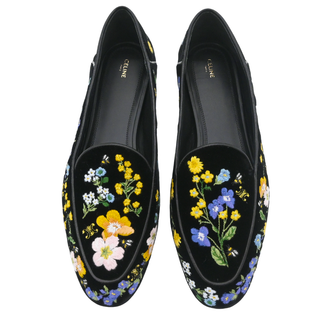 CELINE | Black Velvet Floral Embroidered Loafers