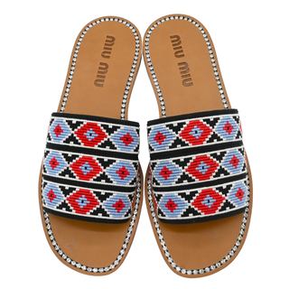 MIU MIU | Embroidered Geometric Crystal Trim Slide Sandals