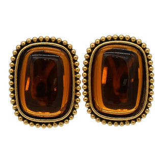 Vintage Amber Glass Cabochon Rectangle Clip-On Earrings