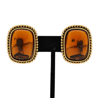 Vintage Amber Glass Cabochon Rectangle Clip-On Earrings