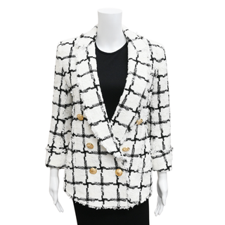 White & Black Tweed Grid Double-Breasted Jacket