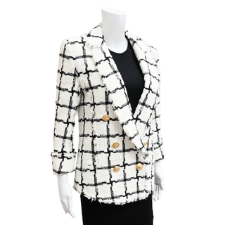 White & Black Tweed Grid Double-Breasted Jacket