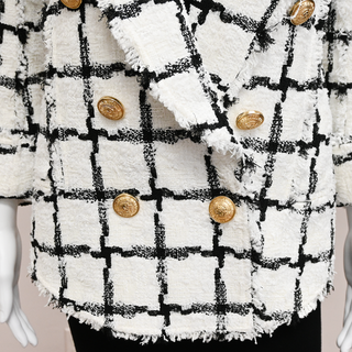 White & Black Tweed Grid Double-Breasted Jacket