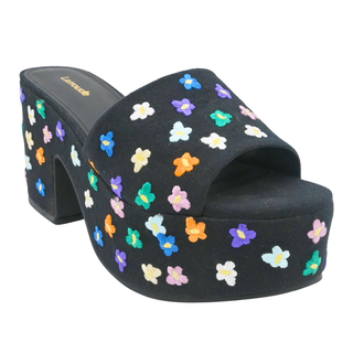 Black Floral Embroidered Platform Sandals
