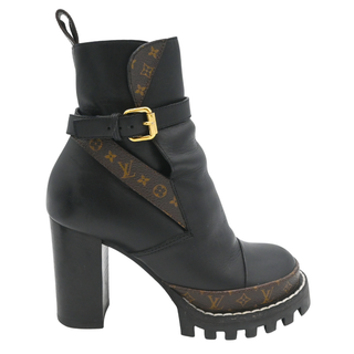 Star Trail Black Leather Monogram Platform Ankle Boots