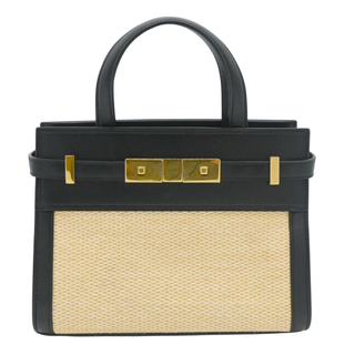 Manhattan Nano Black Leather & Raffia Top Handle Bag