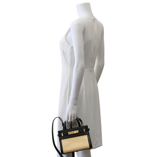 Manhattan Nano Black Leather & Raffia Top Handle Bag