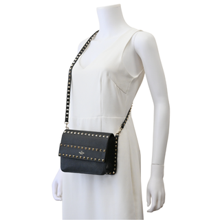 Rockstud Black Pebbled Leather Flap Crossbody Bag