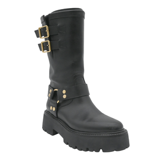 Black Leather Harness Buckle Lug Sole Mid-Calf Boots