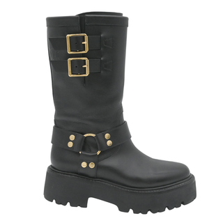 Black Leather Harness Buckle Lug Sole Mid-Calf Boots