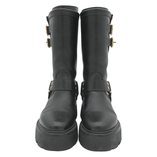 Black Leather Harness Buckle Lug Sole Mid-Calf Boots