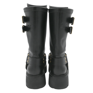 Black Leather Harness Buckle Lug Sole Mid-Calf Boots