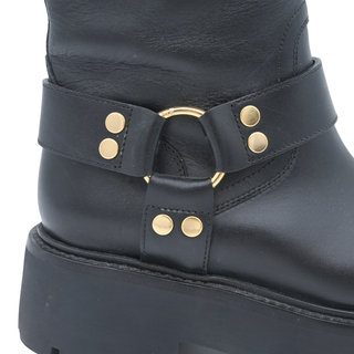 Black Leather Harness Buckle Lug Sole Mid-Calf Boots