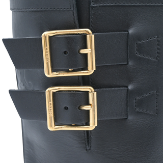 Black Leather Harness Buckle Lug Sole Mid-Calf Boots