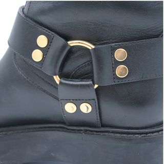 Black Leather Harness Buckle Lug Sole Mid-Calf Boots