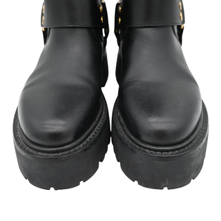 Black Leather Harness Buckle Lug Sole Mid-Calf Boots