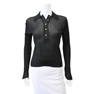 Black Sheer Ribbed Knit Polo Top