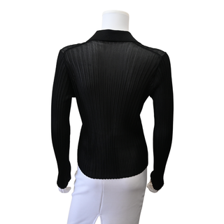 Black Sheer Ribbed Knit Polo Top