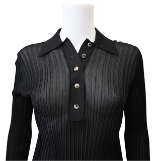 Black Sheer Ribbed Knit Polo Top