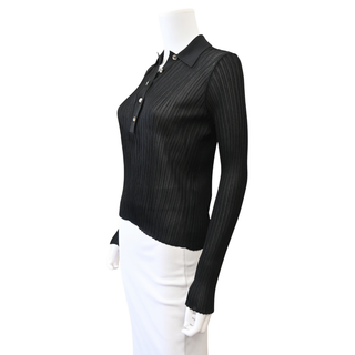 Black Sheer Ribbed Knit Polo Top