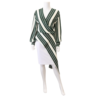 Green & Ivory Striped Asymmetric Wrap Blouse