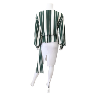 Green & Ivory Striped Asymmetric Wrap Blouse