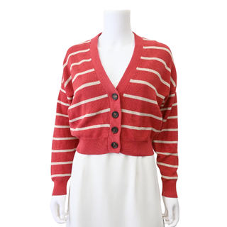 Muted Red & Beige Striped Cotton Cropped Cardigan