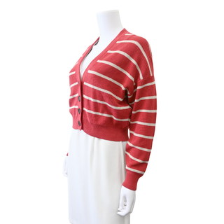 Muted Red & Beige Striped Cotton Cropped Cardigan