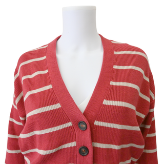 Muted Red & Beige Striped Cotton Cropped Cardigan