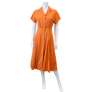 Orange Cotton Pleated Midi Shirt Dress