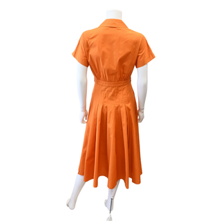 Orange Cotton Pleated Midi Shirt Dress