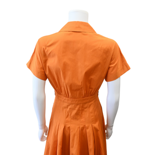 Orange Cotton Pleated Midi Shirt Dress