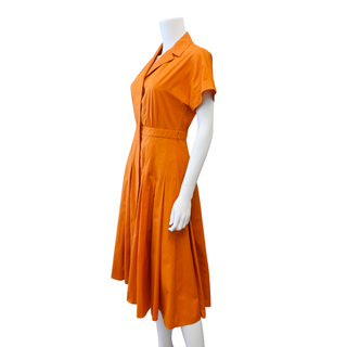 Orange Cotton Pleated Midi Shirt Dress