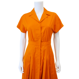 Orange Cotton Pleated Midi Shirt Dress