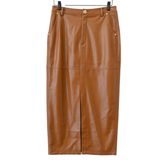 Cognac Faux Leather Midi Pencil Skirt